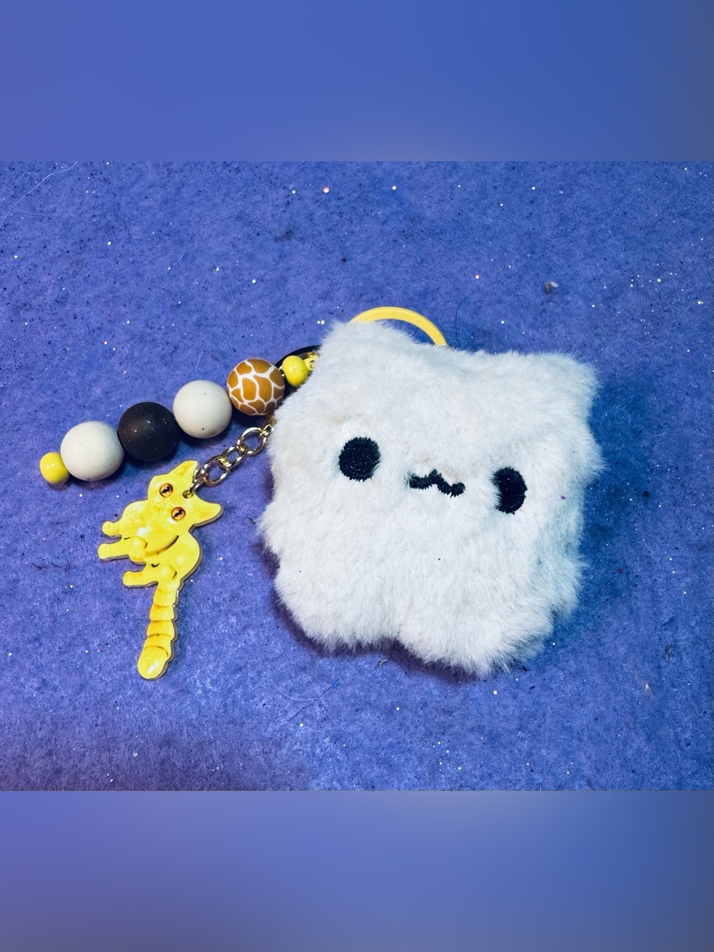 Cute White Fuzzy Kawaii Keychain with Yellow kitty Charm